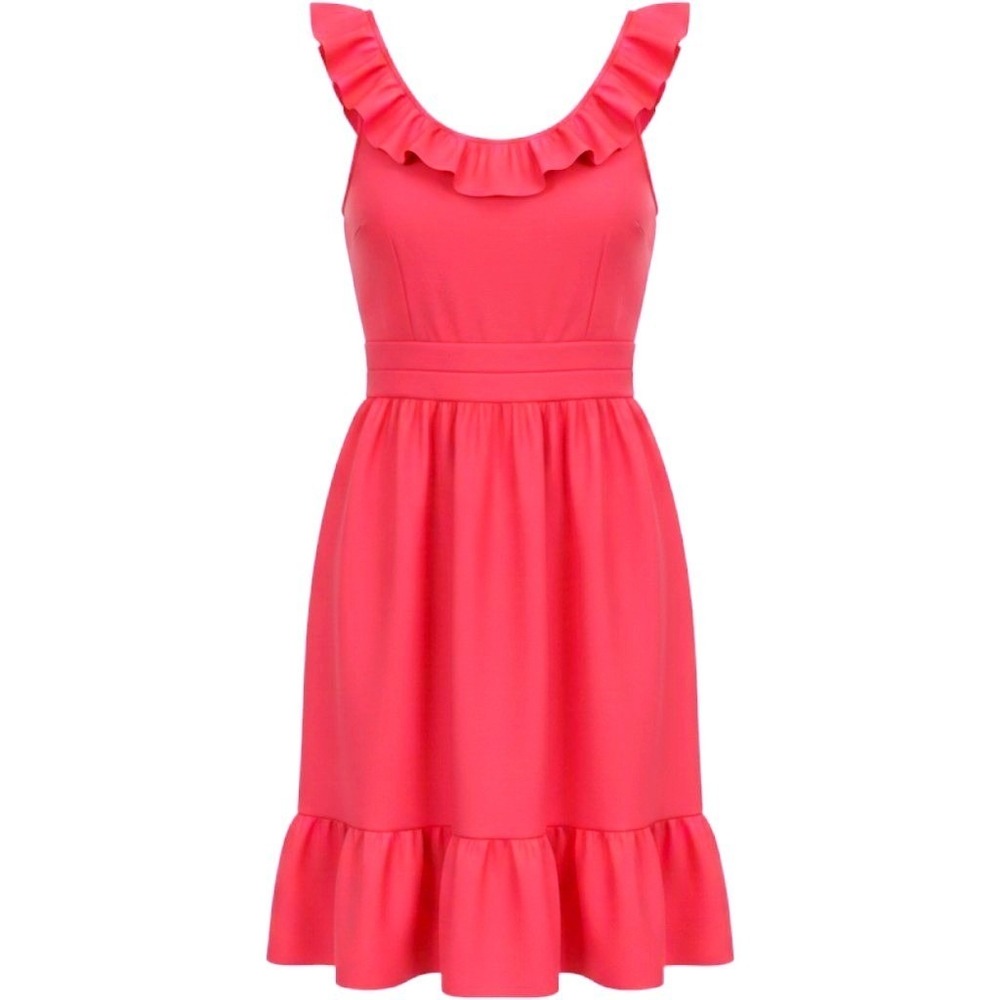 Maggy London Pink Ruffle Neck‎ Fit Flare Dress 6P Cotton Blend Sleeveless